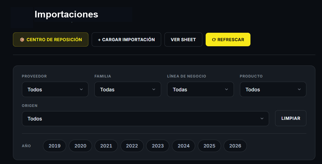 Dashboard de importaciones con filtros